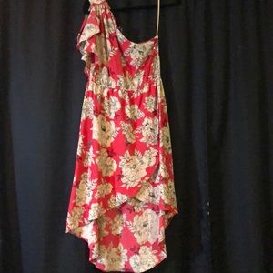 Angie red with flowers high-low one shoulder dress